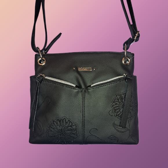 Rosetti Black Floral Stitched Crossbody Bag Double Zipper Adjustable Strap - Picture 2 of 13
